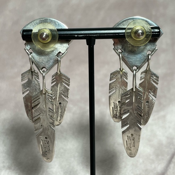 Ray Tracey Vintage Navajo Feather Sterling Silver Earrings - Picture 3 of 4